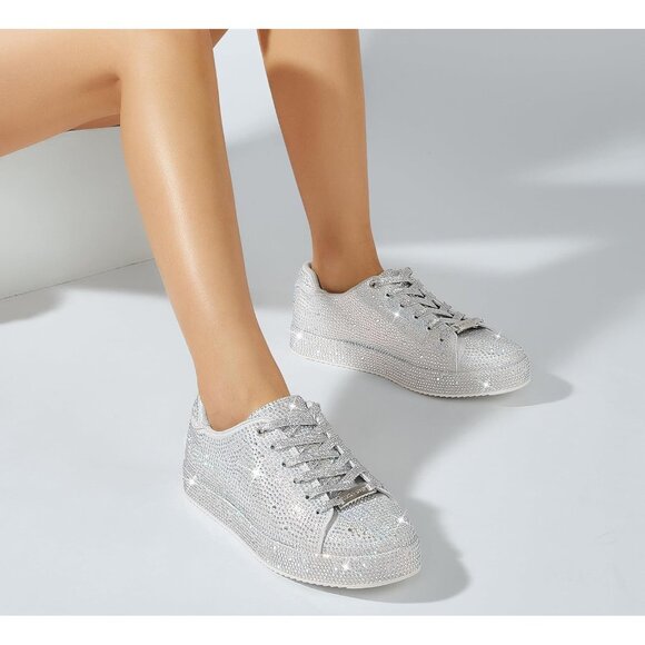 Women's Silver Platform Rhinestone Fashion Glitter Sneakers Sparkly Shiny Shoes - Picture 2 of 9
